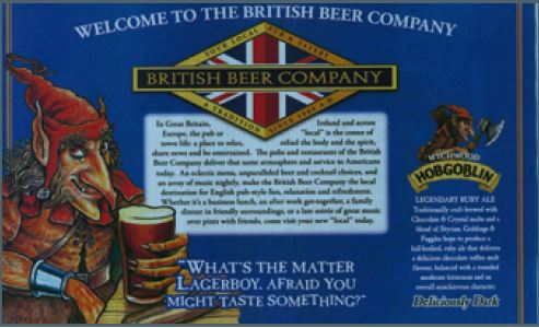 In England wird ein Red Ale oft auch als Ruby Ale bezeichnet — wie hier in der Werbung für Hobgoblin Ruby Ale auf einem Papier-Platzdeckchen der Amerikanischen Pub-Kette „British Beer Company“