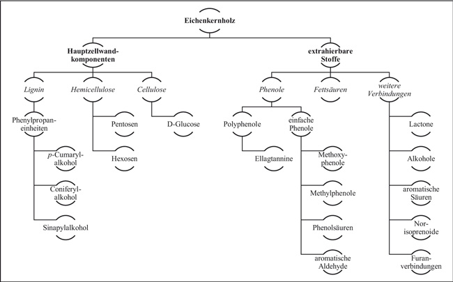 Diagramm mit stammbaumartiger Klassifizierung der unterschiedlichen Stoffe im Eichenkernholz
