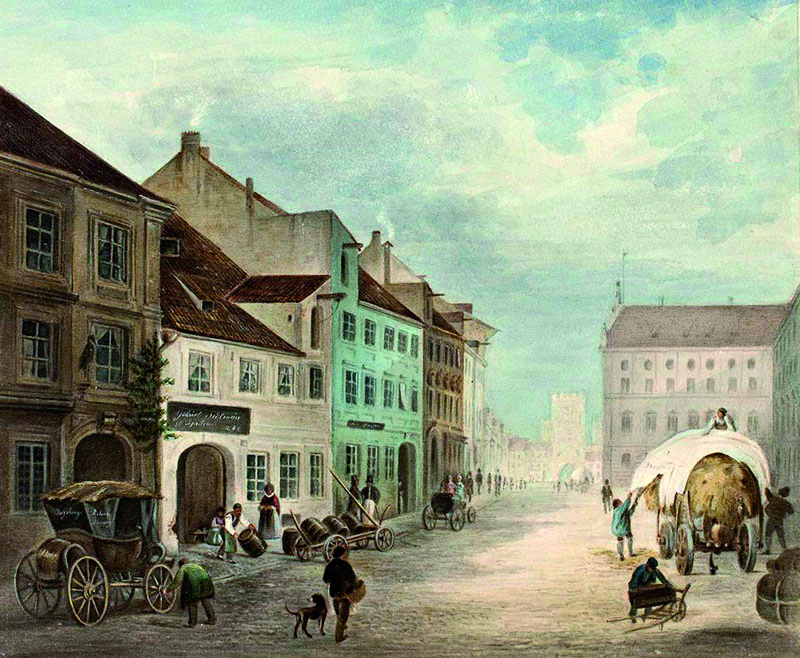 Spaten Brauerei (2. Gebäude auf der linken Seite) in der Neuhauser Straße in München auf einem Aquarell um 1840 (Foto: Münchner Stadtmuseum, Sammlung Graphik/Gemälde, https://www.historisches-lexikon-)