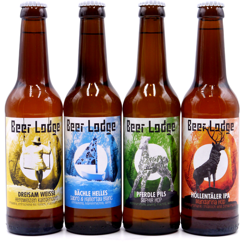 Die bisherigen vier Bierstile der Beer Lodge - Weißbier, Helles, Pils, IPA - und weitere sind in Entwicklung