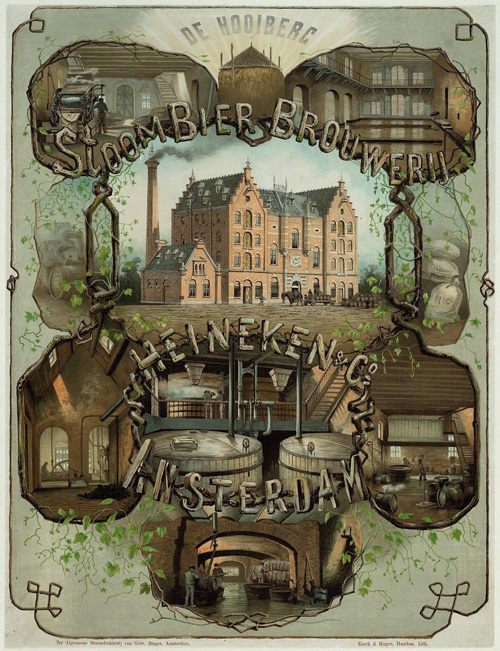 Brauereicollage (kolorierte Zeichnungen) Außen- und Innenansichten von De Hooiberg, einer Amsterdamer Brauerei, die G. A. Heineken 1864 zur Heineken-Brauerei umformte (Foto: https://brookstonbeerbulletin.com/beer-in-ads-3349-heinekens-the-haystack/)