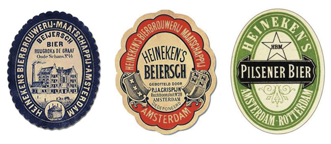 Heineken-Etiketten bzw. Logo vor (links und Mitte) und nach 1884 (Quelle: https://logosmarken.com/heineken-logo/)