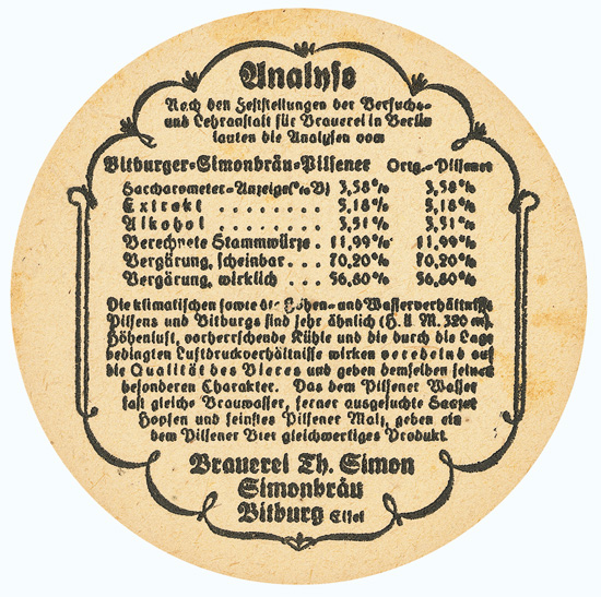 Bierdeckel mit Vergleichsanalyse aus den 1910er-/20er-Jahren (Quelle: Bitburger Brauerei)